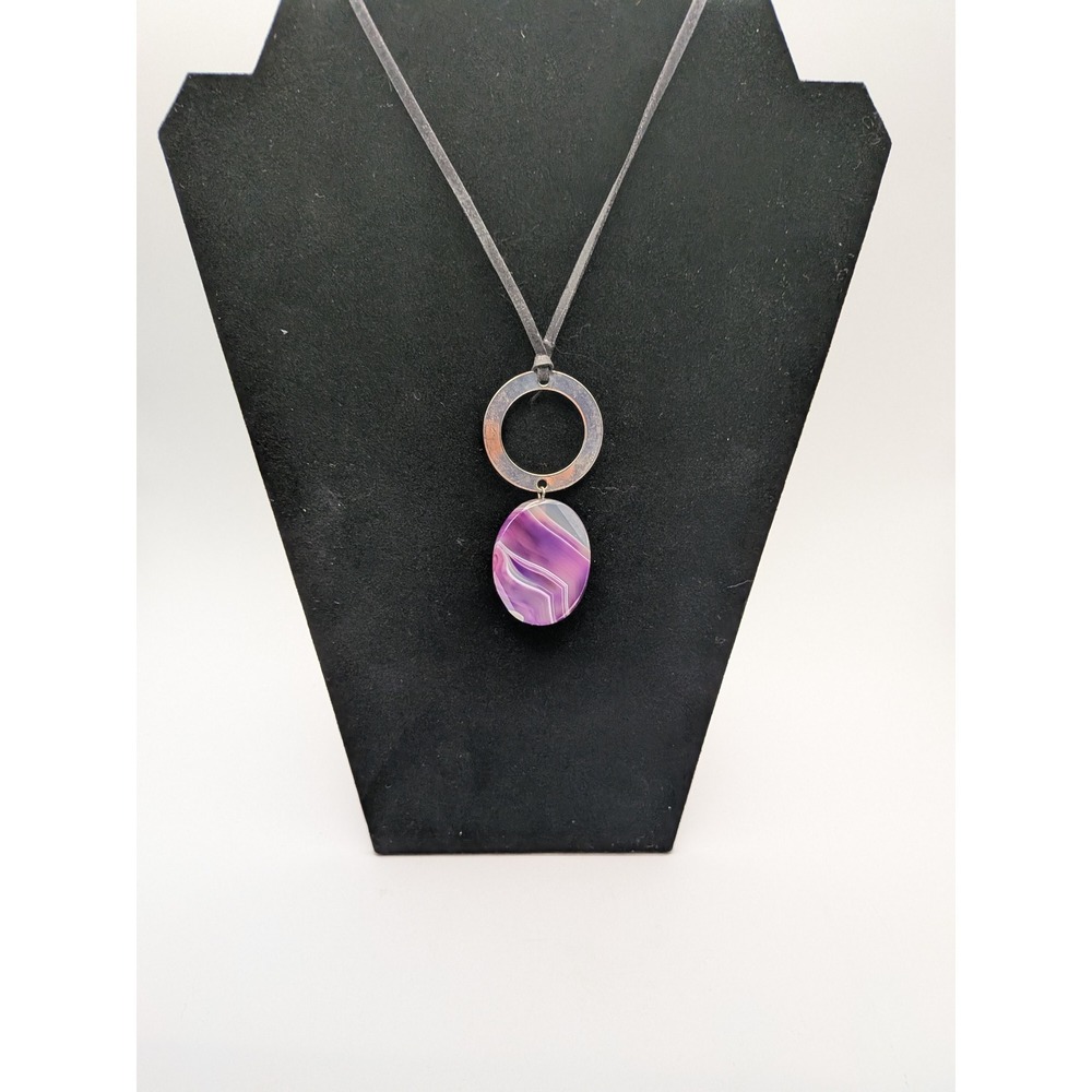 Purple Banded Agate Pendant Necklace Silver Tone Ring Black Cord 30 Inch Boho